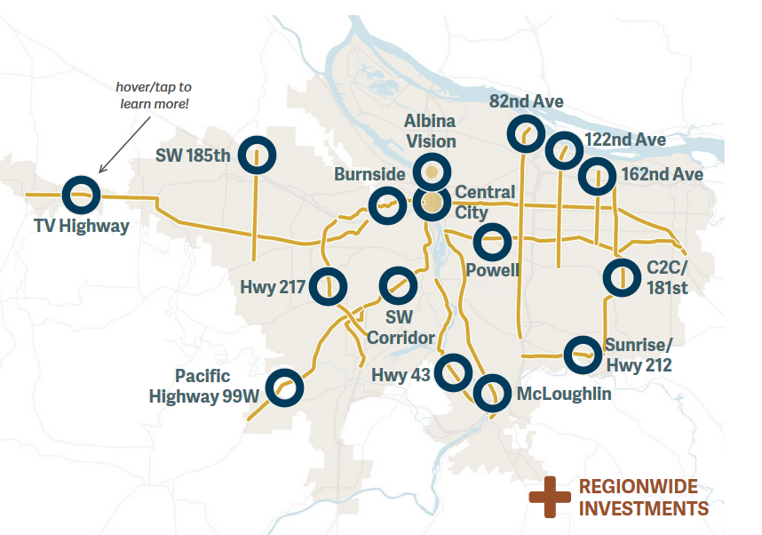 Map of Portland Metro region indicating corridors slated for investment projects.